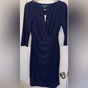 Lauren Ralph Lauren NWT Blue Cocktail Dress Gold Accent Quarter Sleeve Women’s 2